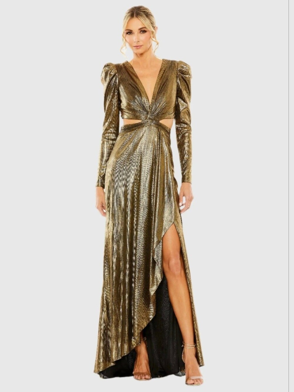 Mac Duggal 27060 Princess Sleeve Cut Out Metallic Gown NWT